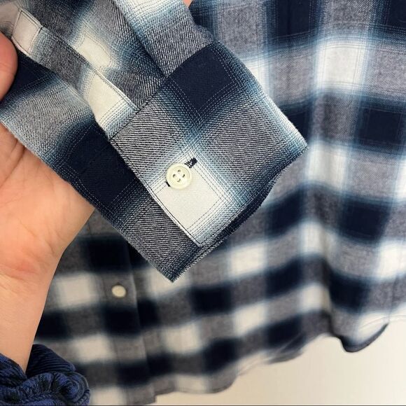 Club Monaco Evira Cotton Plaid Flannel Ruffle Button Down Shirt - Picture 8 of 9